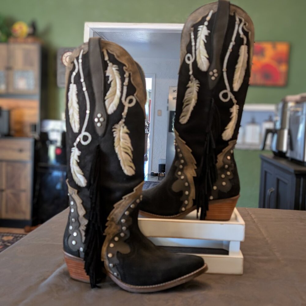 Dingo Dream Catcher Black Western Boot Fringe Snip Toe Size 8 NEW!